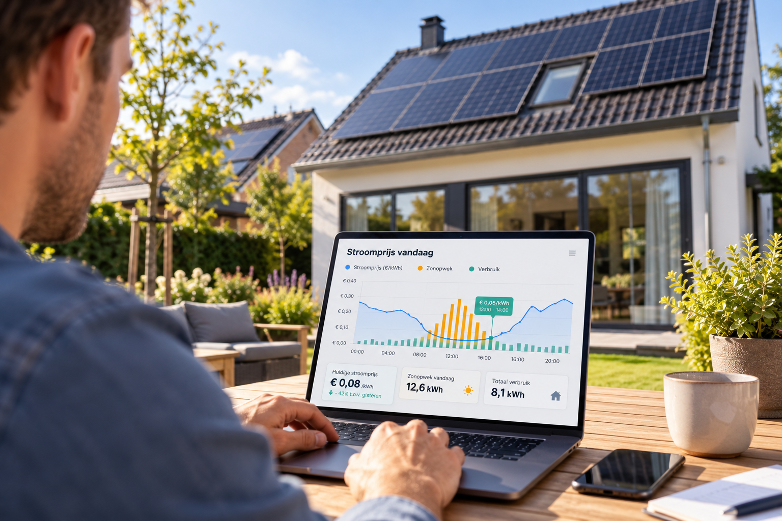 Man bekijkt op een laptop de uurlijkse stroomprijs bij een woning met zonnepanelen