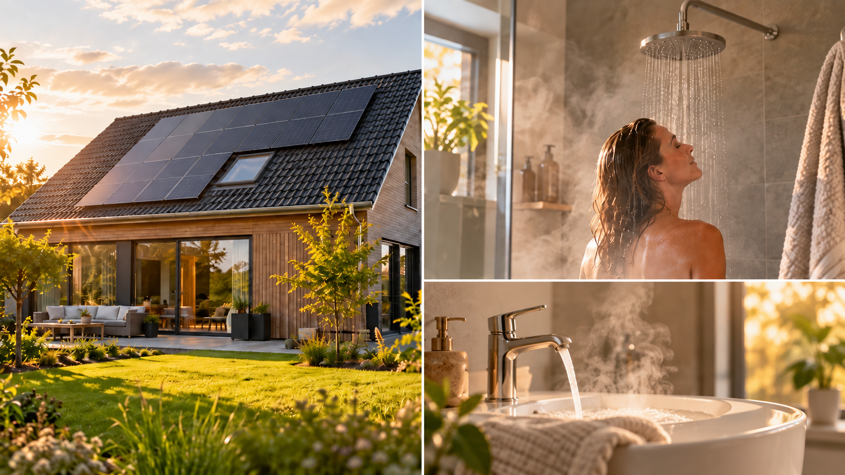 Woning met zonnepanelen in de avondzon naast een warme douche en stromend warm water