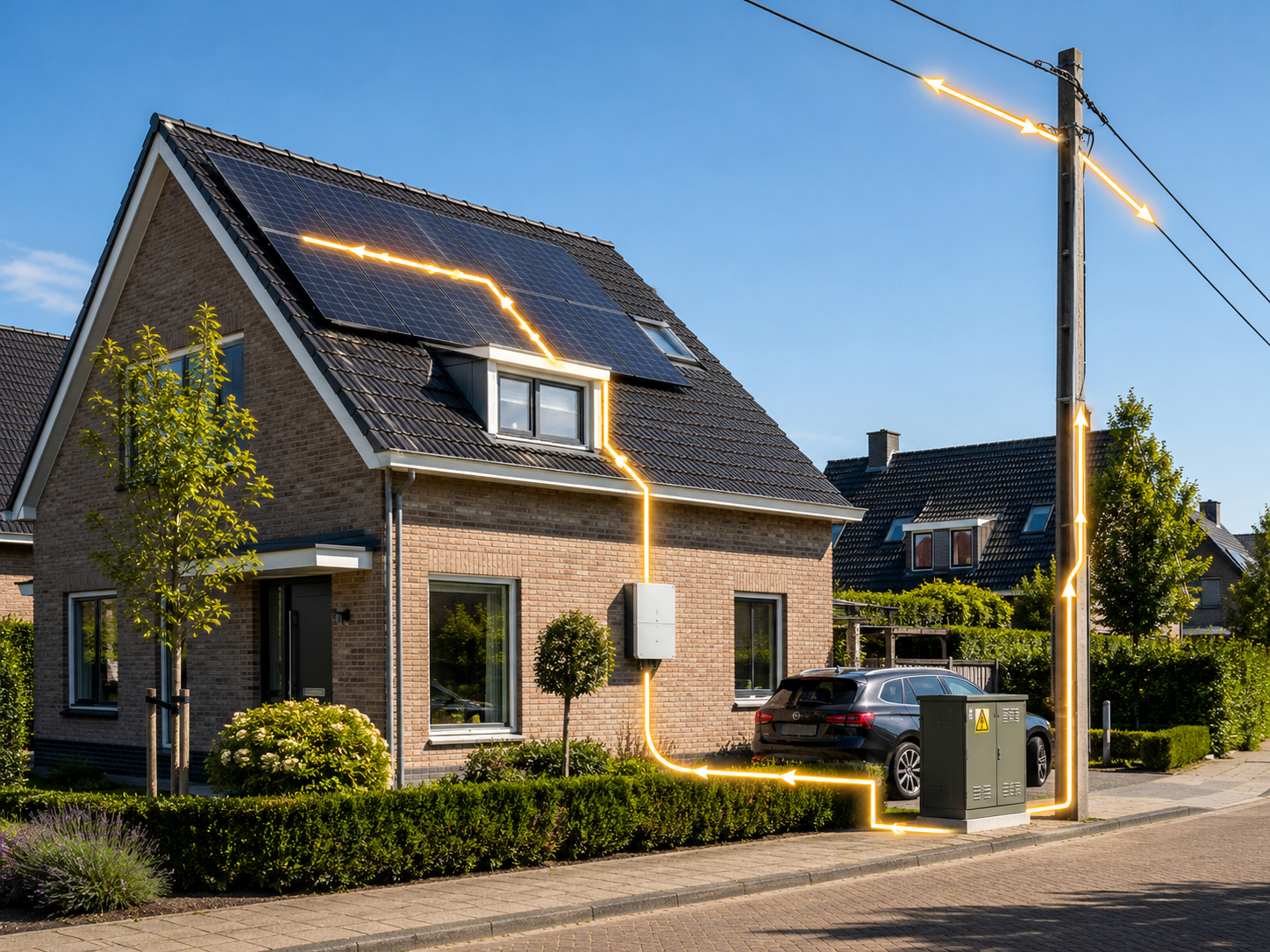 Huis met zonnepanelen waarbij de stroomstroom van de panelen via de meterkast naar het elektriciteitsnet visueel is weergegeven